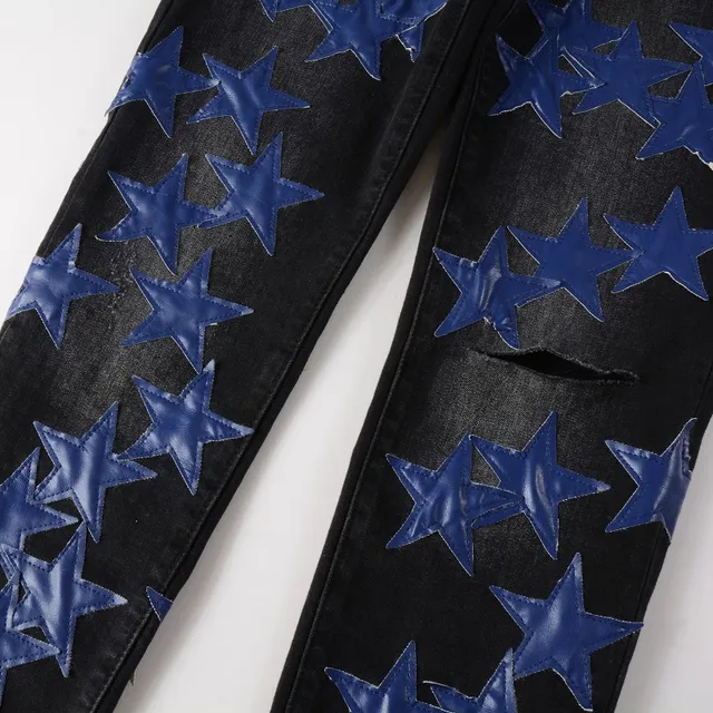 Jeans Noir Bleu Slim-Fit Brillant Étoile Appliqués 10