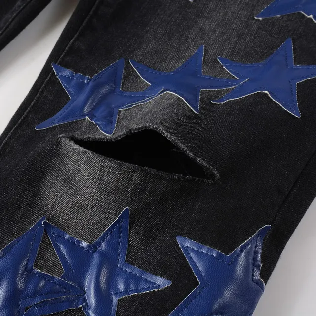 Jeans Noir Bleu Slim-Fit Brillant Étoile Appliqués 11