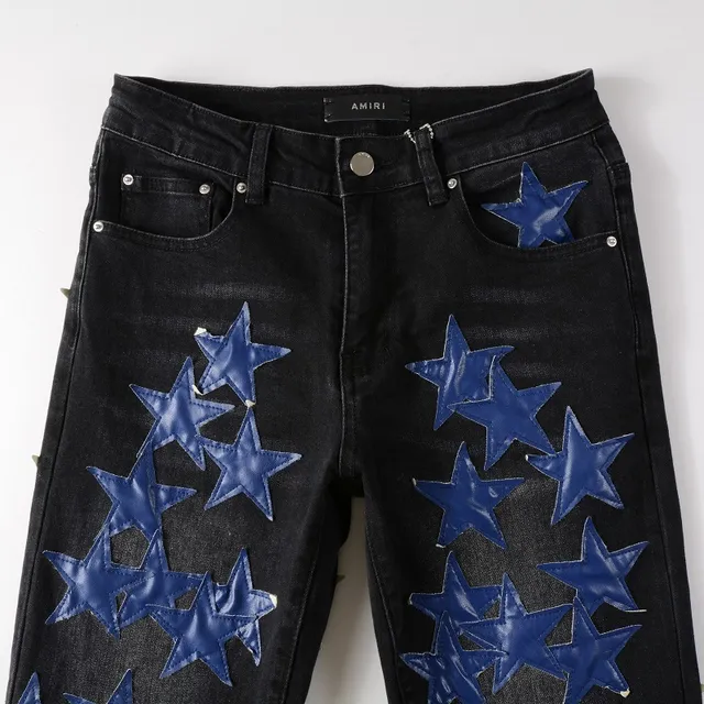 Jeans Noir Bleu Slim-Fit Brillant Étoile Appliqués 15