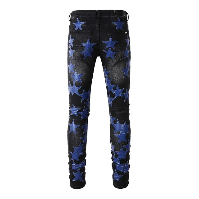 Jeans Noir Bleu Slim-Fit Brillant Étoile Appliqués 16