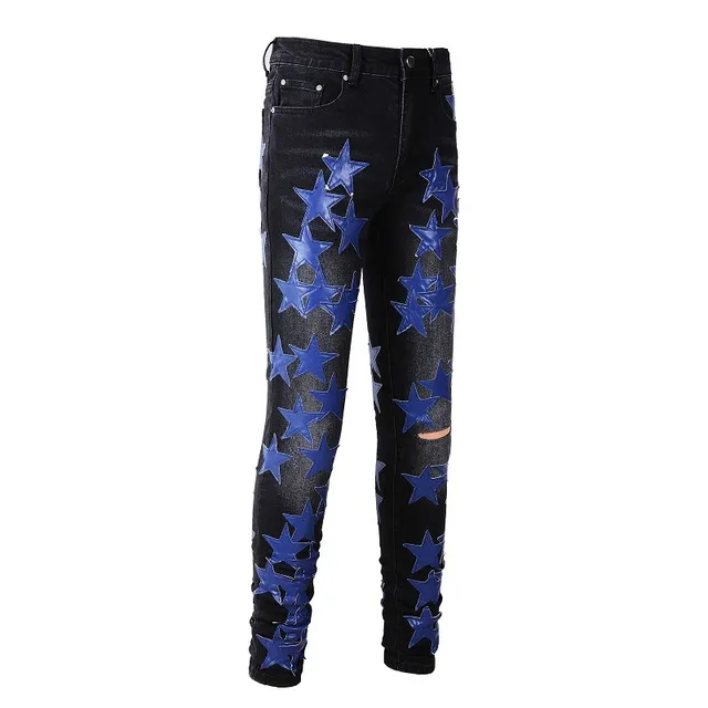 Jeans Noir Bleu Slim-Fit Brillant Étoile Appliqués 17