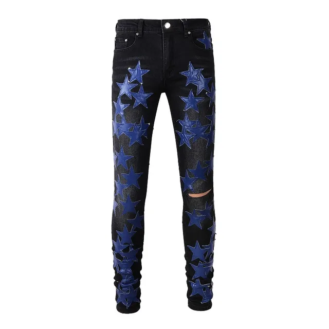 Jeans Noir Bleu Slim-Fit Brillant Étoile Appliqués 18