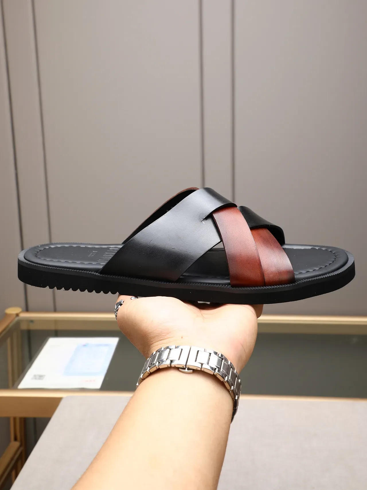 Black Brown Woven Strap Flat Sole Casual Sandals 10