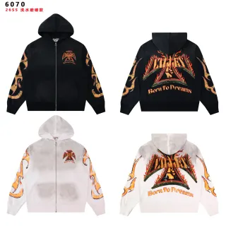 Black Flame-Print Washed Distressed Full-Zip Hoodie