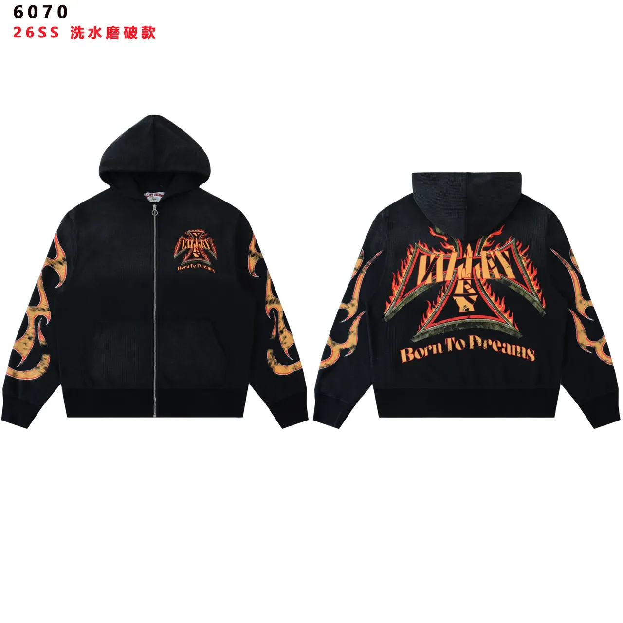 黑色火焰印花洗水破洞拉链连帽衫 2