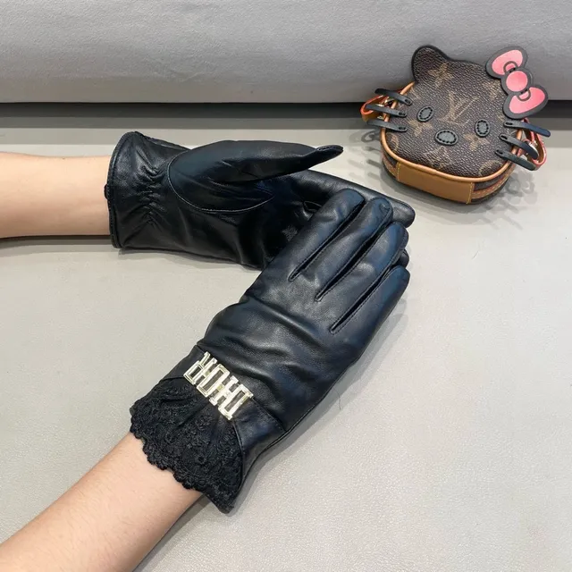 Black Gold Lace Cuff Leather Gloves 7