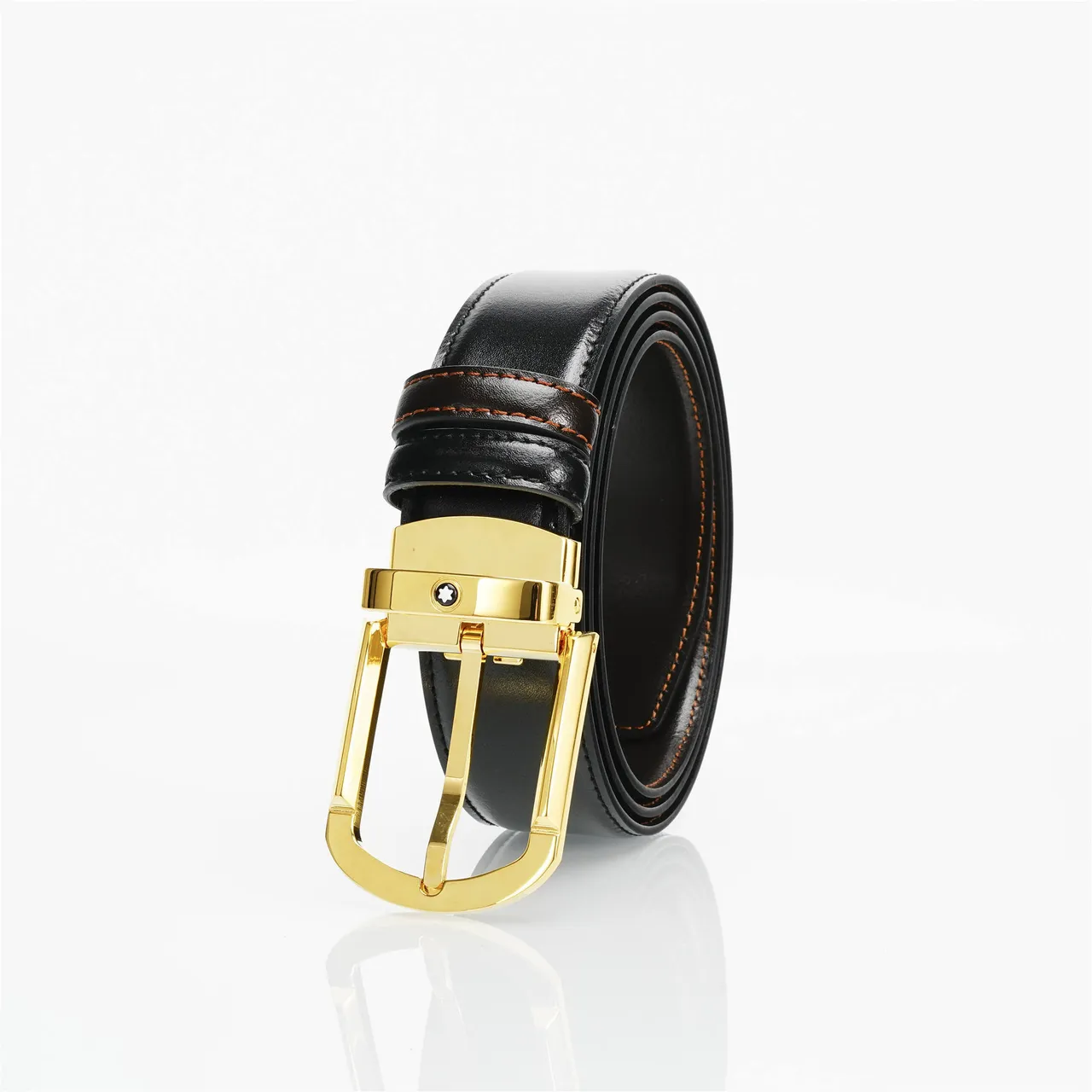 Black Gold Smooth Rectangular Buckle Leather Belt 5