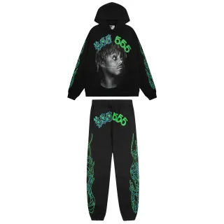 Black Graphic-Print Oversized Hoodie and Cuffed Jogger Tracksuit