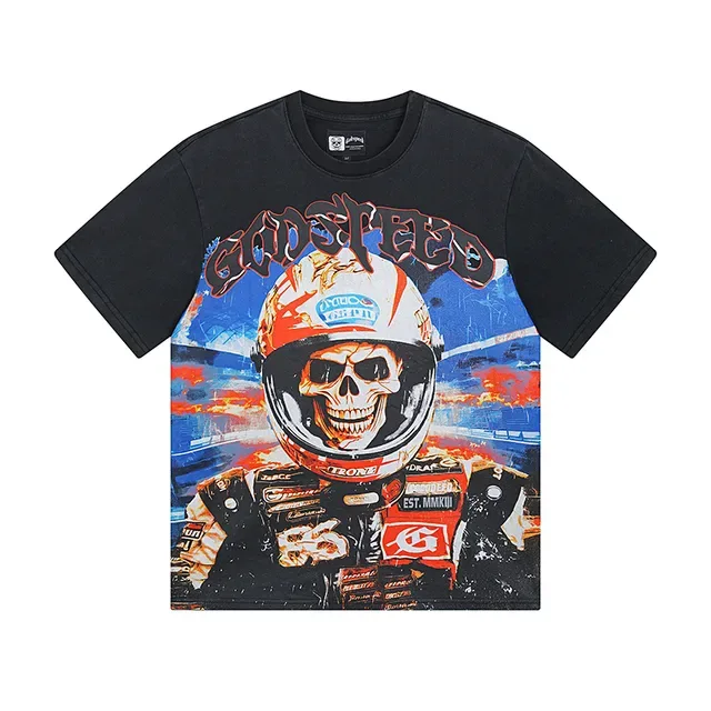 Black Graphic-Print Oversized Racer Skull Helmet T-Shirt 2