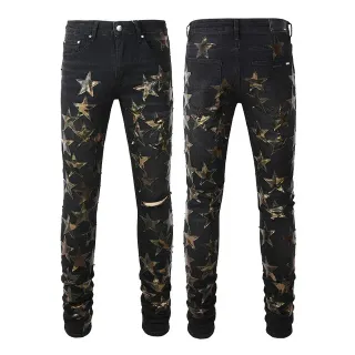 Black Metallic Star Appliqué Distressed Slim-Fit Jeans