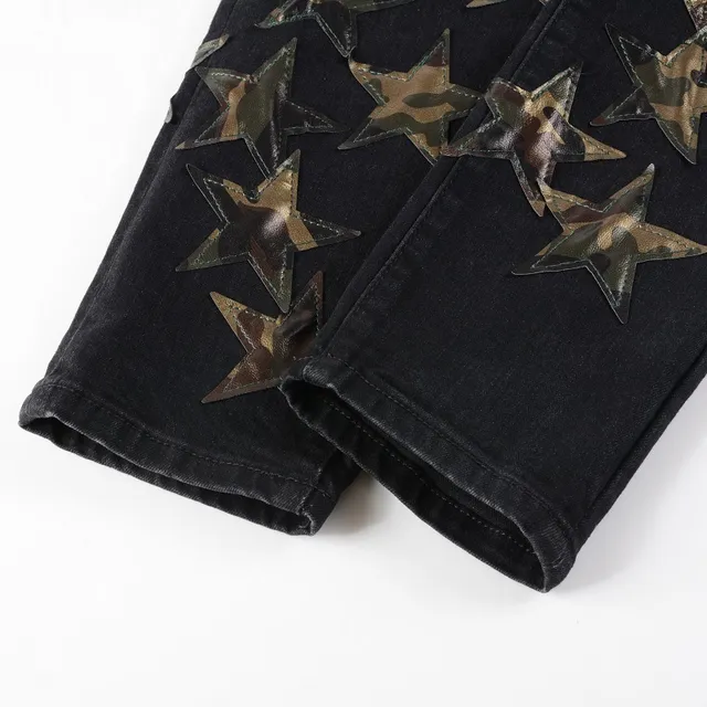 Black Metallic Star Appliqué Distressed Slim-Fit Jeans 15