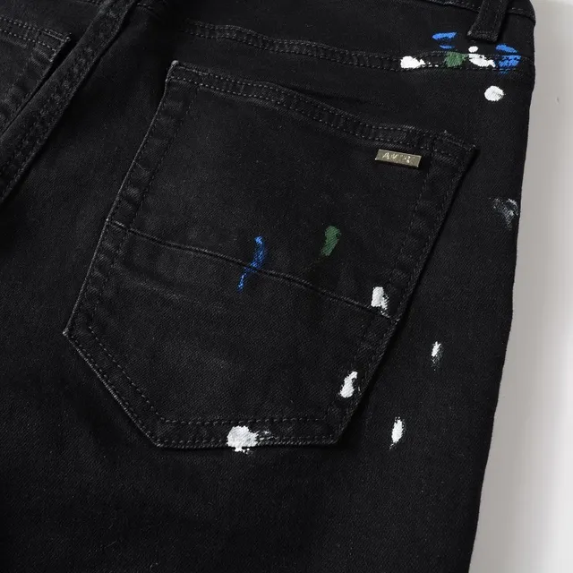 Black Paint-Splatter Distressed Slim-Fit Jeans 4
