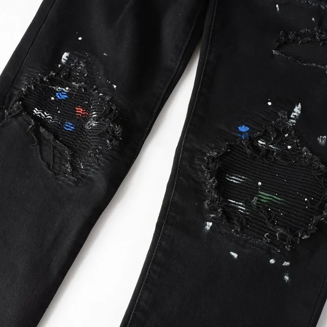 Black Paint-Splatter Distressed Slim-Fit Jeans 6