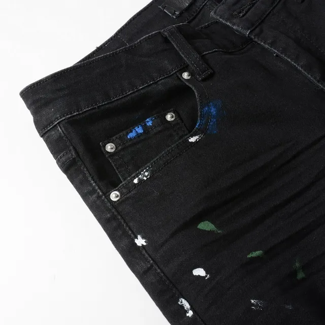 Black Paint-Splatter Distressed Slim-Fit Jeans 8