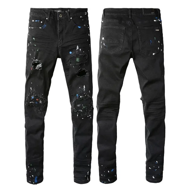Black Paint-Splatter Distressed Slim-Fit Jeans 12