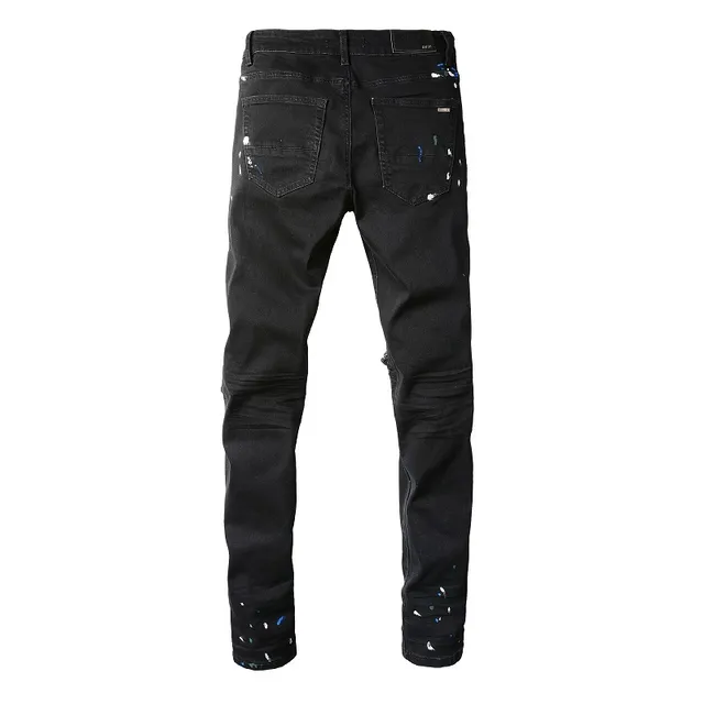 Black Paint-Splatter Distressed Slim-Fit Jeans 13