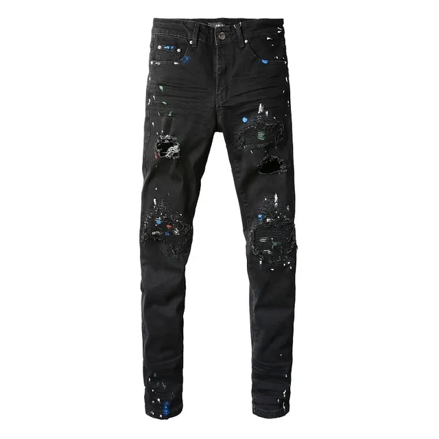 Black Paint-Splatter Distressed Slim-Fit Jeans 14
