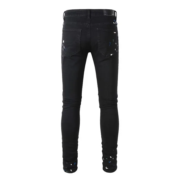 Black Paint-Splatter Distressed Slim-Fit Jeans 15