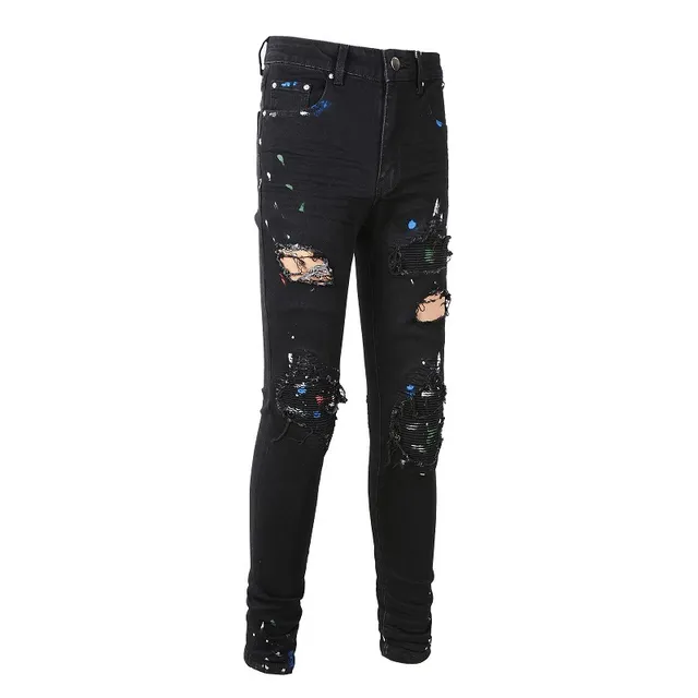 Black Paint-Splatter Distressed Slim-Fit Jeans 16