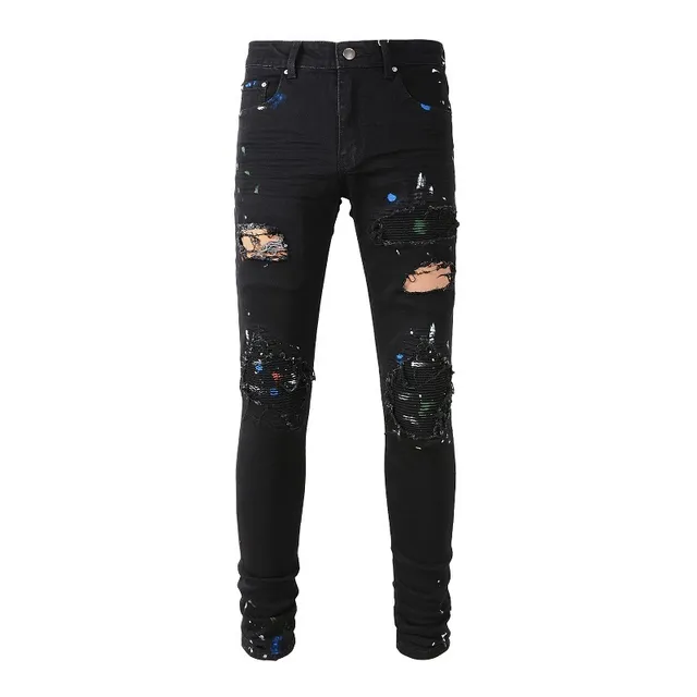 Black Paint-Splatter Distressed Slim-Fit Jeans 17