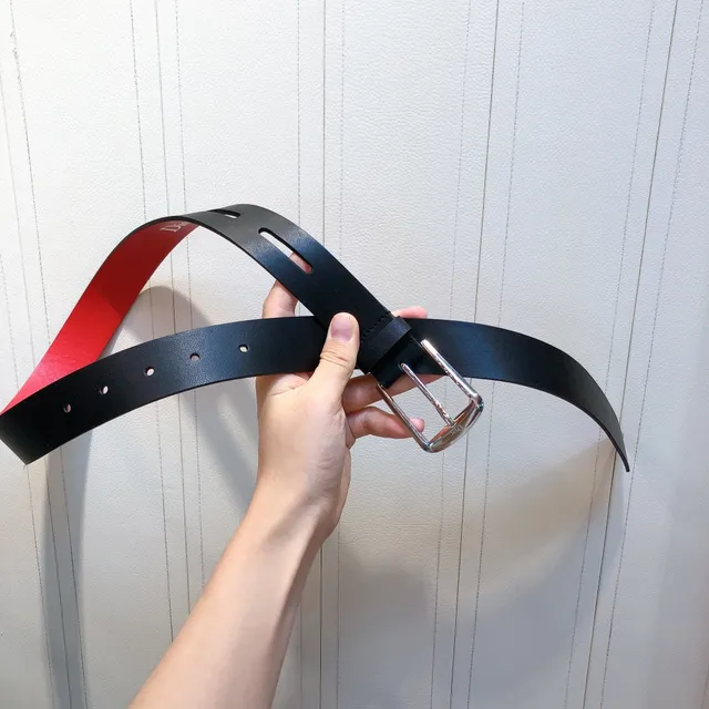 Black Red Reversible Polished Silver-Tone Rectangular Buckle Leather Belt 4