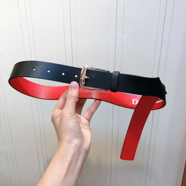 Black Red Reversible Polished Silver-Tone Rectangular Buckle Leather Belt 6