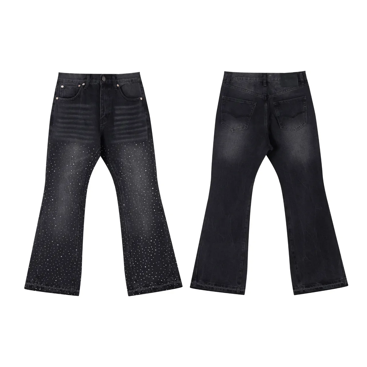 Jeans de Denim Negro con Motas y Piernas Acampanadas 2