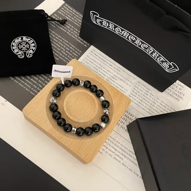 Black Stone and Silver-Tone Beaded Bracelet 4
