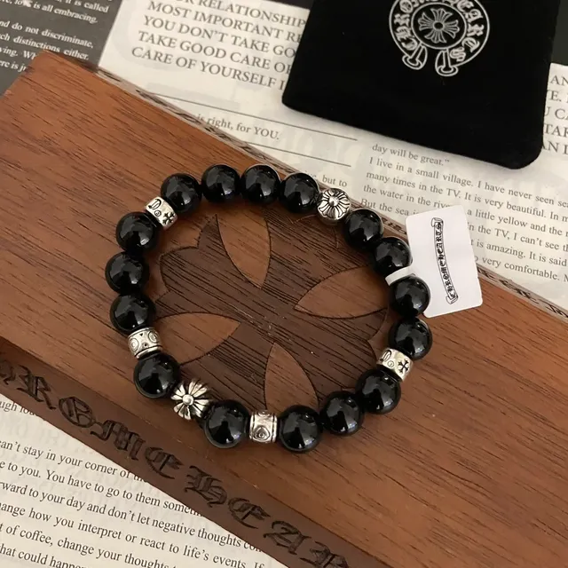 Black Stone and Silver-Tone Beaded Bracelet 5