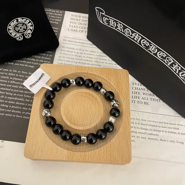 Black Stone and Silver-Tone Beaded Bracelet 8