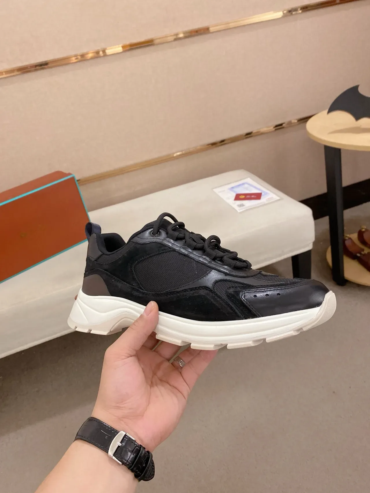 Black White Sole Mixed-Material Upper Chunky Sneakers 5