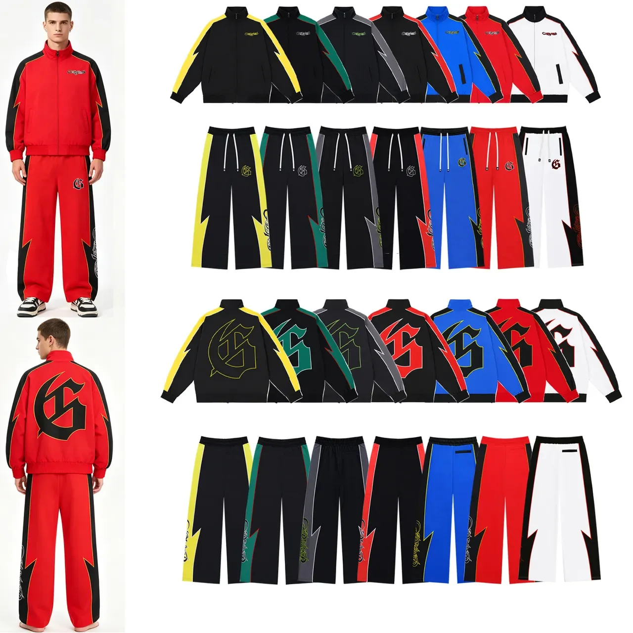 Black Yellow Lightning-Bolt Stripe Two-Tone Contrast Tracksuit 20