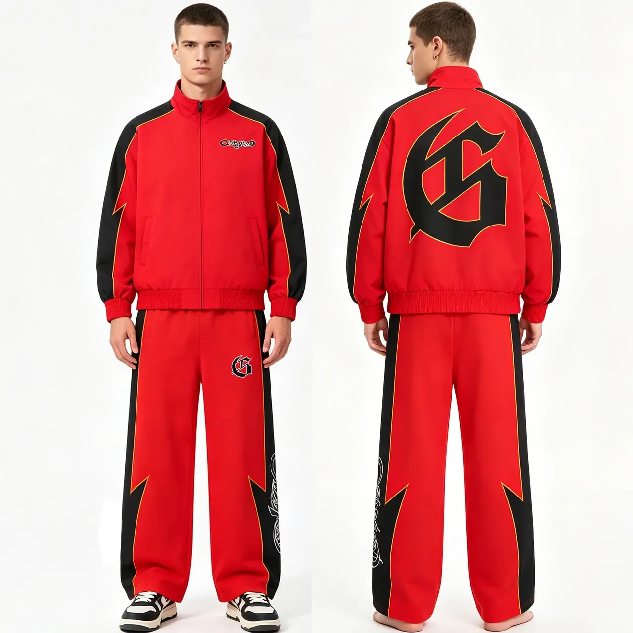 Black Yellow Lightning-Bolt Stripe Two-Tone Contrast Tracksuit 23