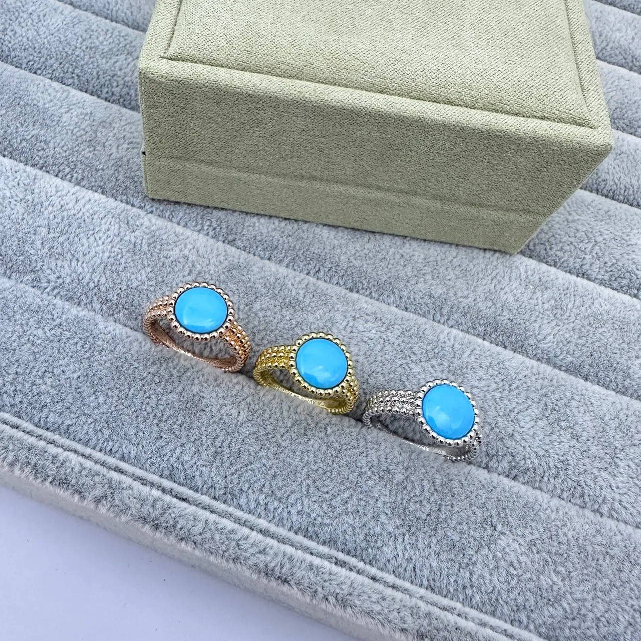 Blue Gold Cabochon-Set Beaded Bezel Ring 6
