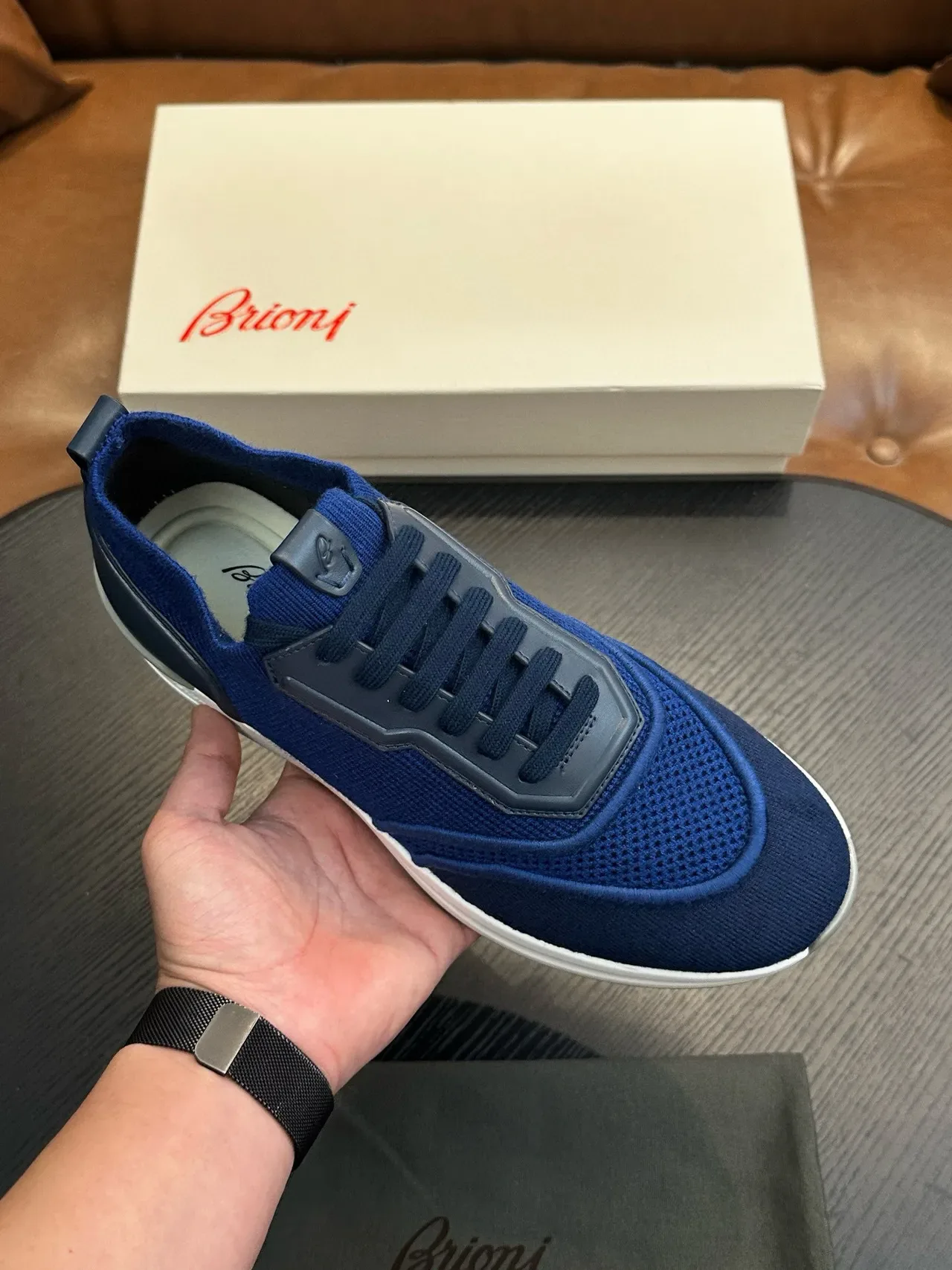 Blue Navy Knit Mesh Upper Structured Synthetic Overlays Sneakers 3