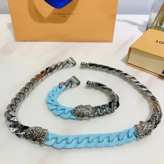 Collier Chaîne Curb Chunky Bleu Argent Tête de Lion Terminaux