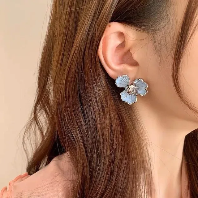 Blue Silver Floral Enamel Earrings 2