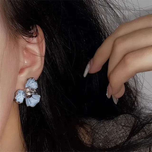 Blue Silver Floral Enamel Earrings 3
