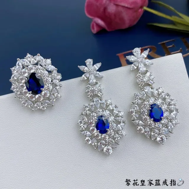 Blue Silver Floral Motif Marquise-Cut Stones Earrings 7
