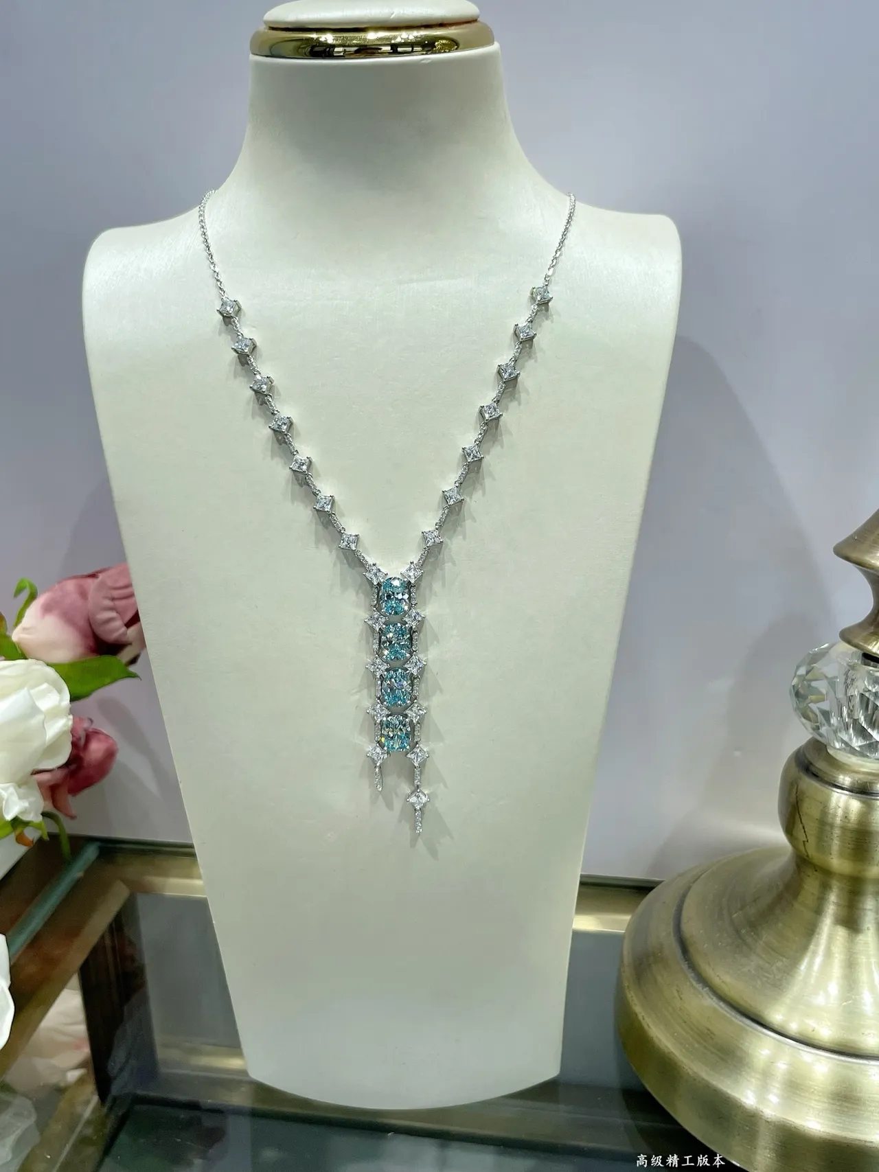 Blue Silver Vertical Drop Pendant Pavé Diamond Accents Necklace 6