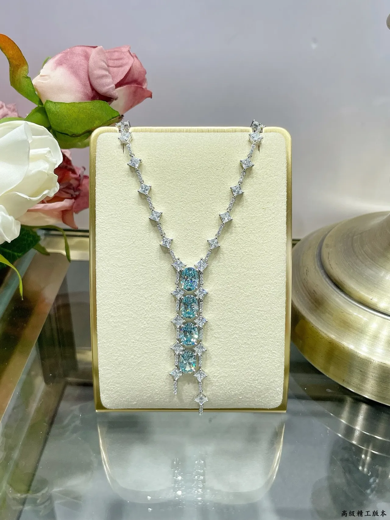 Blue Silver Vertical Drop Pendant Pavé Diamond Accents Necklace 8