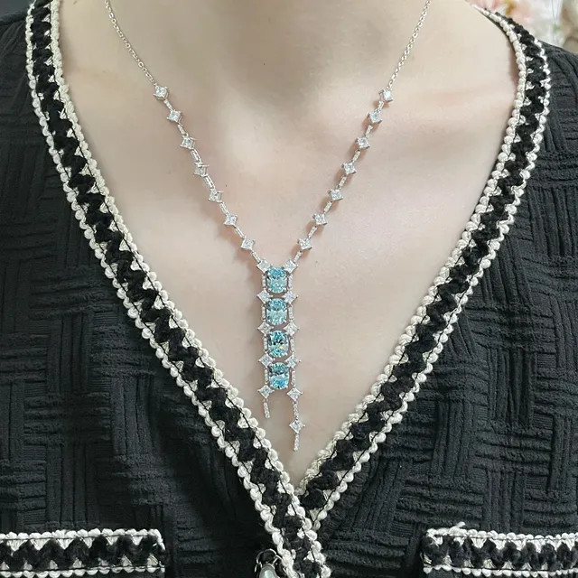 Blue Silver Vertical Drop Pendant Pavé Diamond Accents Necklace 9