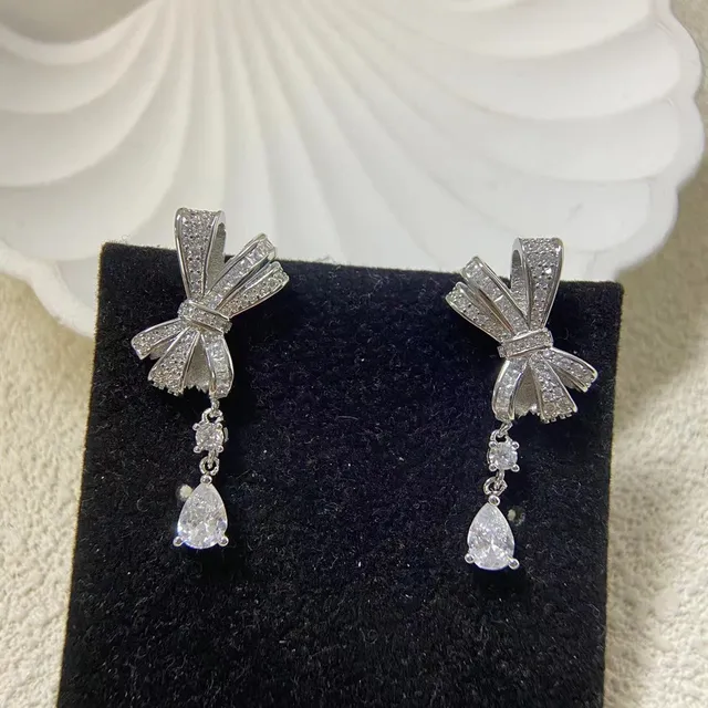 Bow Motif Pavé Teardrop Dangle Earrings 2