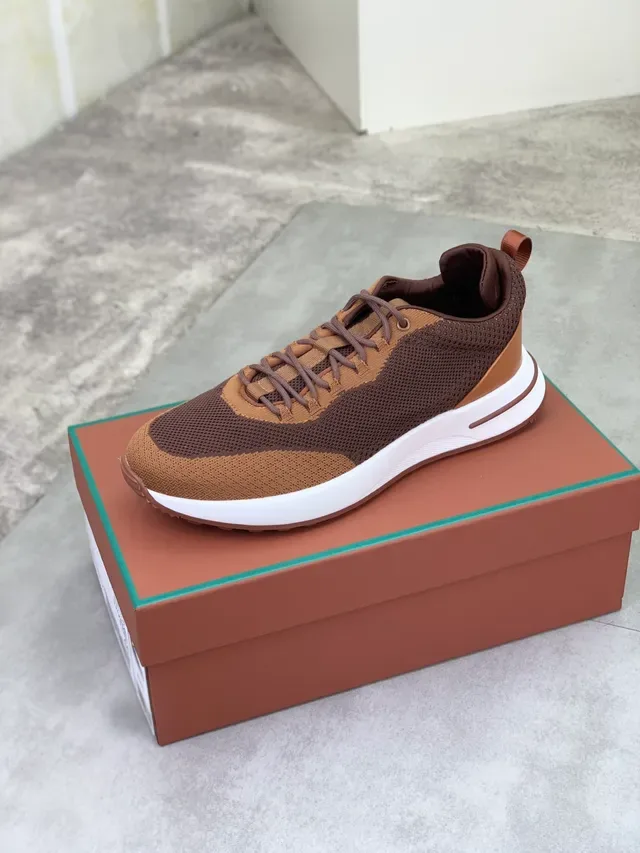 Brown Beige Knit Two-Tone Upper Contrasting Tan Lace Panel Sneakers 5