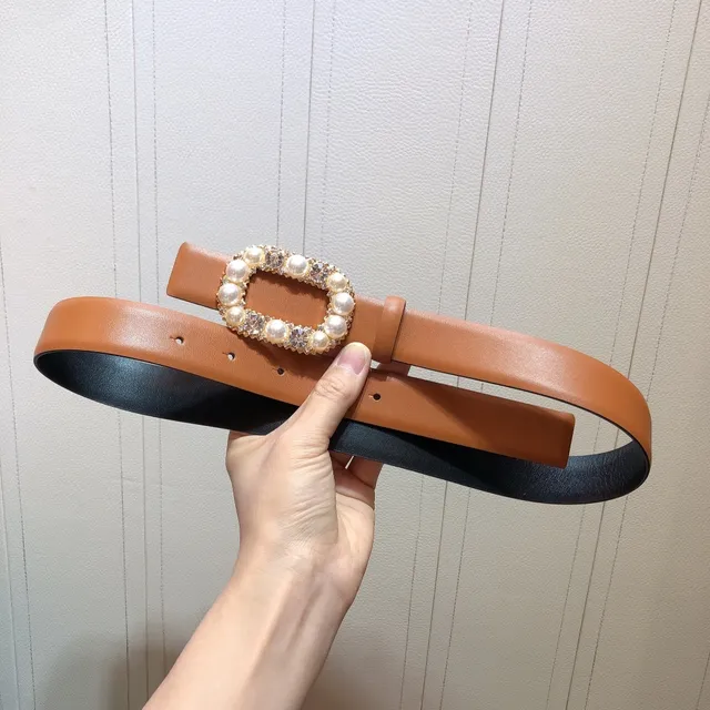 Brown Gold Ornate Pearl-and-Crystal Buckle Metal Leather Belt 2
