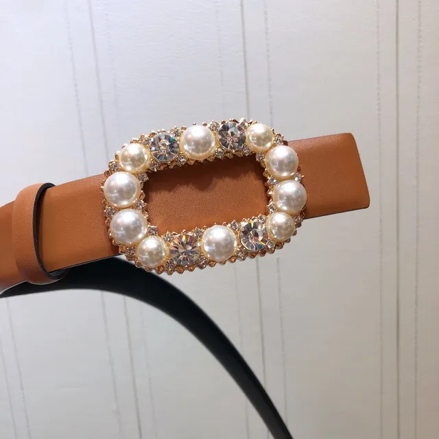 Brown Gold Ornate Pearl-and-Crystal Buckle Metal Leather Belt 4