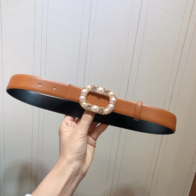 Brown Gold Ornate Pearl-and-Crystal Buckle Metal Leather Belt 6