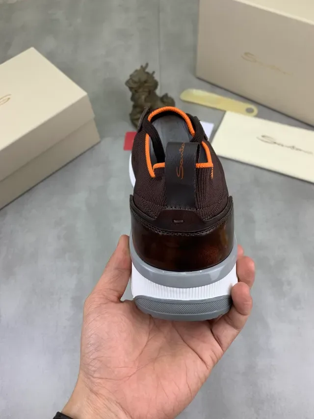 Brown Orange Knit Upper Leather Accent Panel Sneakers 3