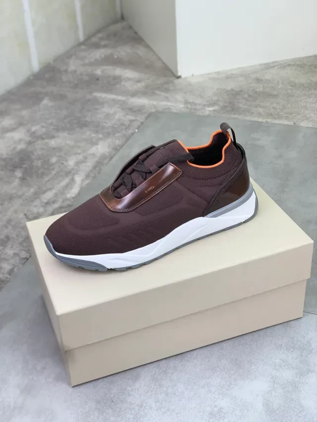 Brown Orange Knit Upper Leather Accent Panel Sneakers 4