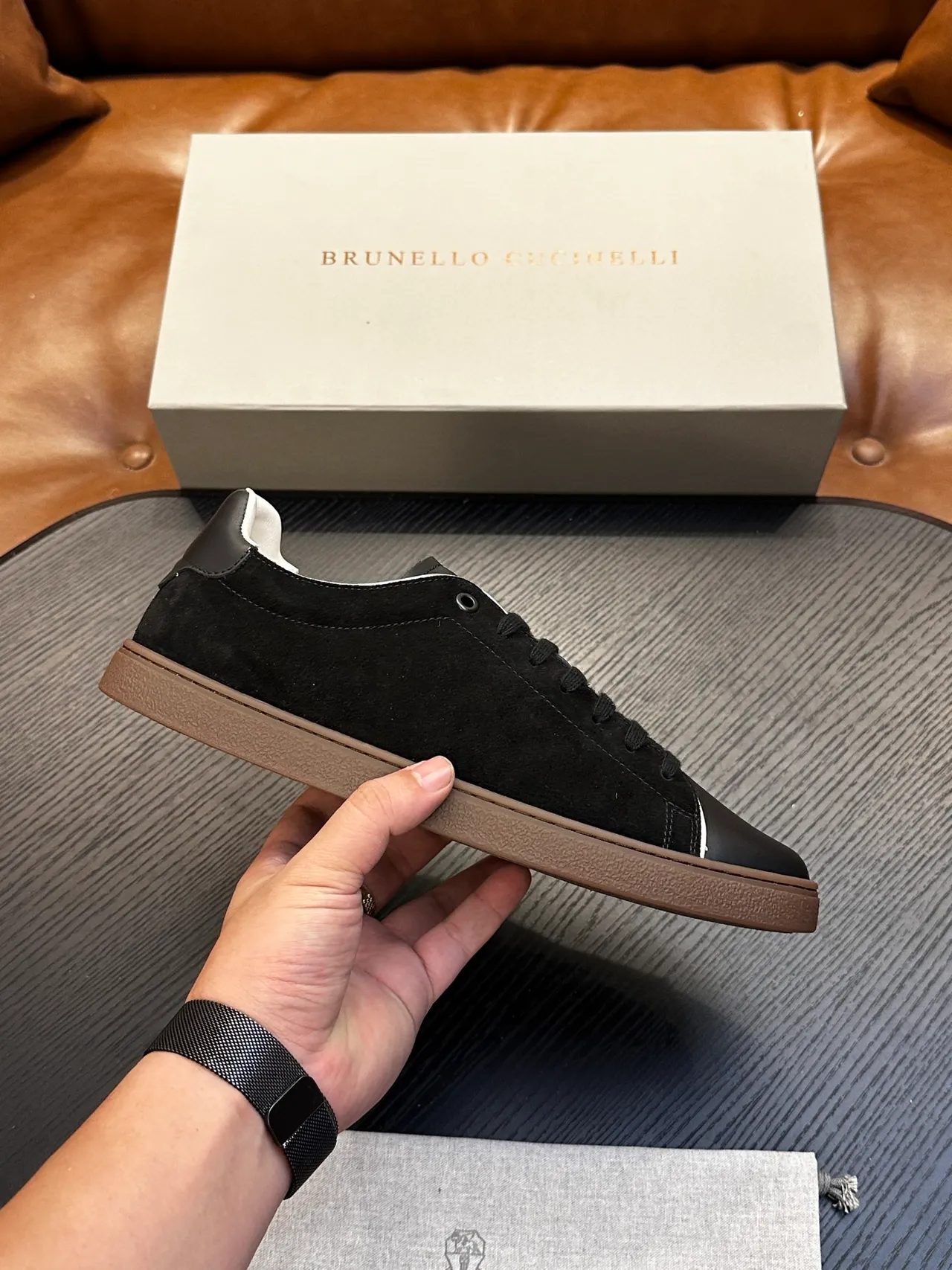 Brunello Cucinelli Preto Branco Camurça e Couro Superior Contraste Costura Loafer 2